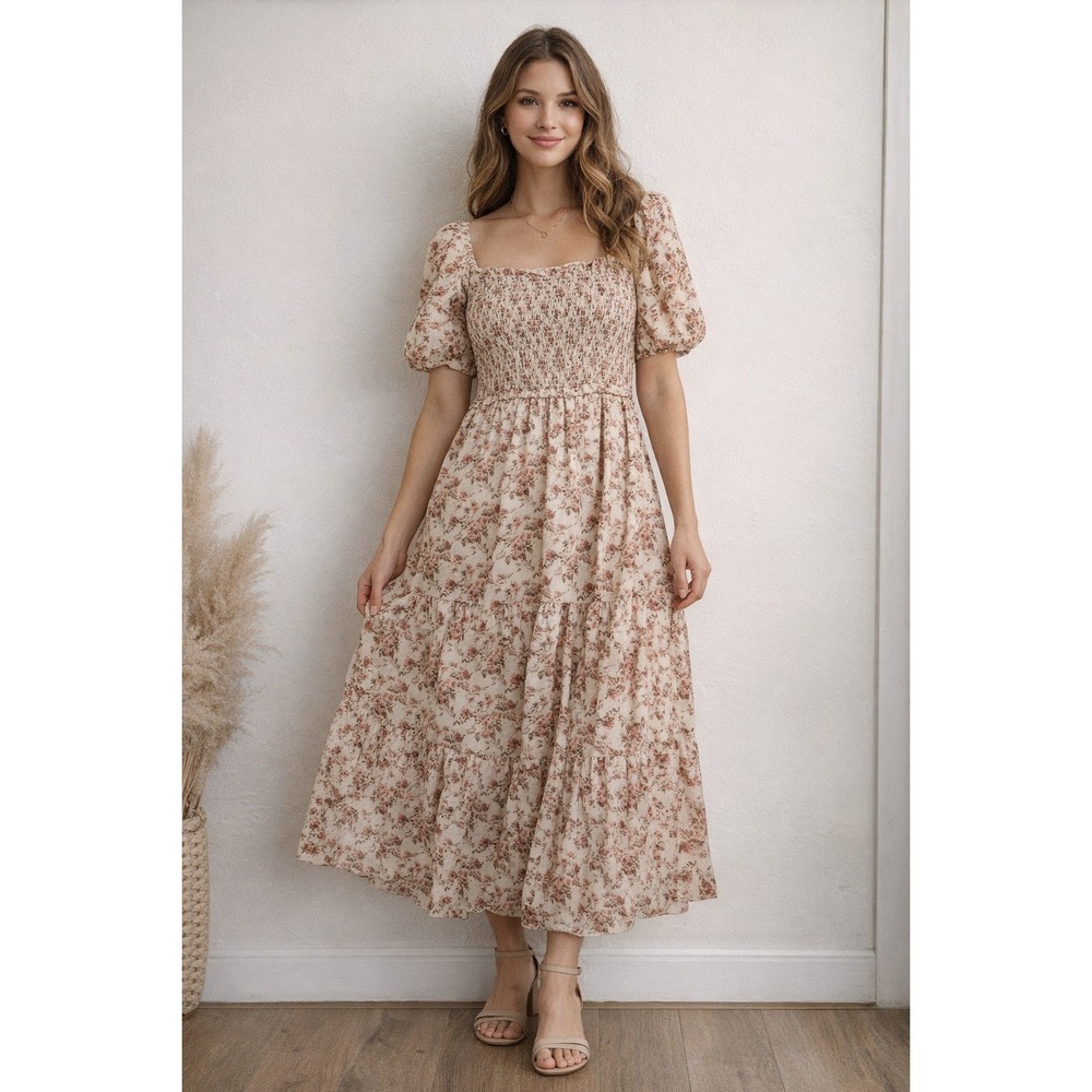 Arula Floral Smocked Midi Dress Pink Tan Cottagecore Puff Sleeve Tiered Size X